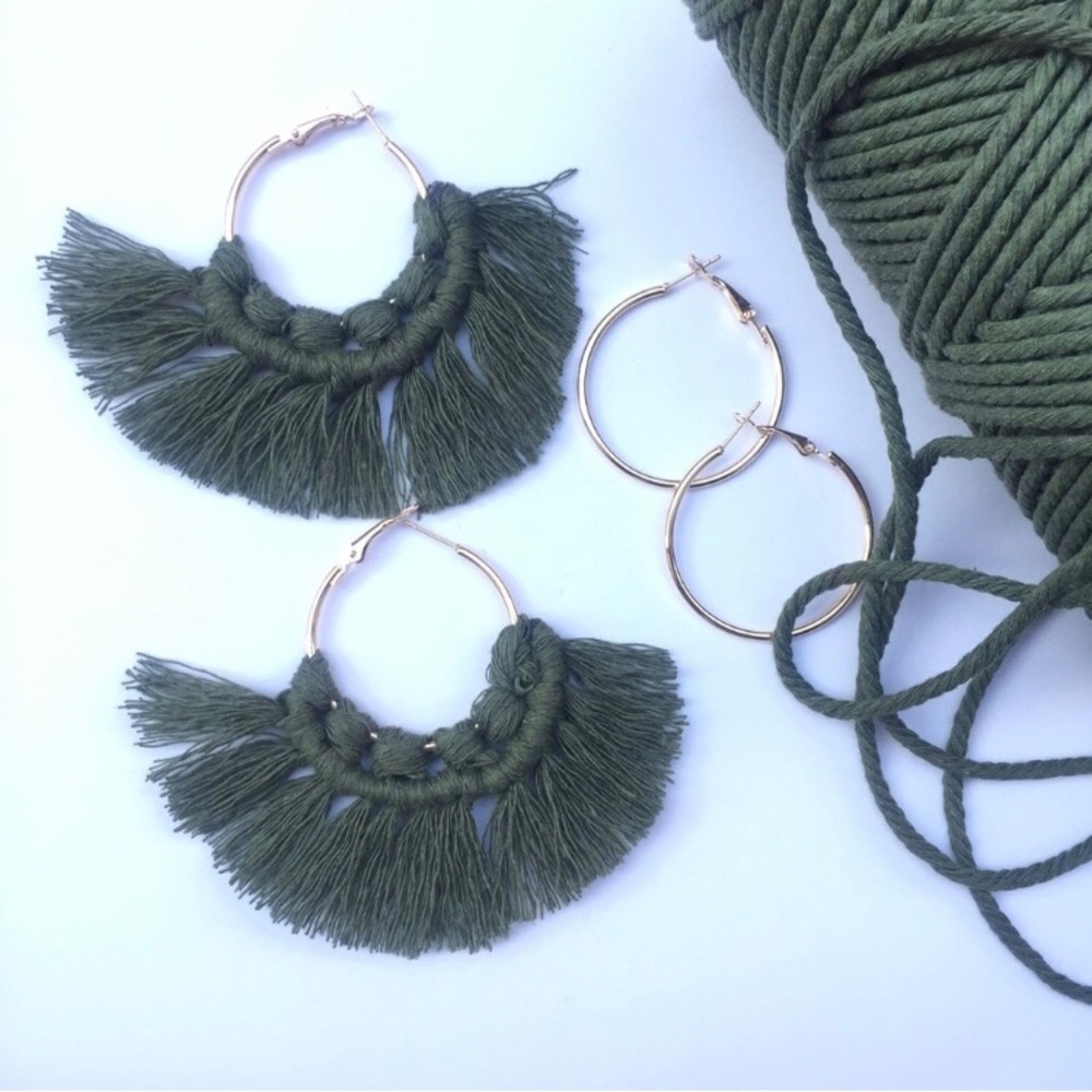 Boho Macrame Olive Green Fringe Hoop Earrings